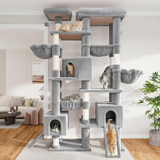 Sha Cerlin 87 in Multi-Level Tall Cat Tree Tower for Large Cats/Extra Wide Feline Activity Center/Sisal Scratching Posts/Wide Base/Cozy Plush Perches/Baskets/Hammocks/Toy Balls/Grey