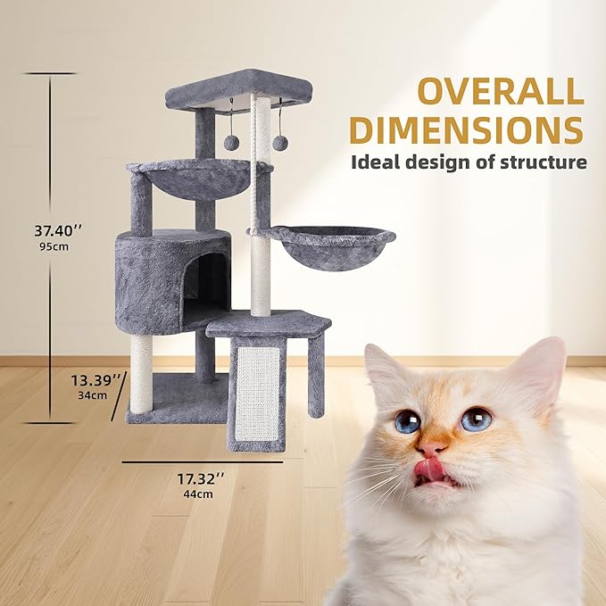 Three Layer Cat Tree with Cat Condo and Two Hammocks,Grey | 3-Tier Cat Tree,Scratch Pad ,Natural Sisal,Replaceable Hanging Balls,Sturdy Cat Furniture for Kitten&Adult Cat