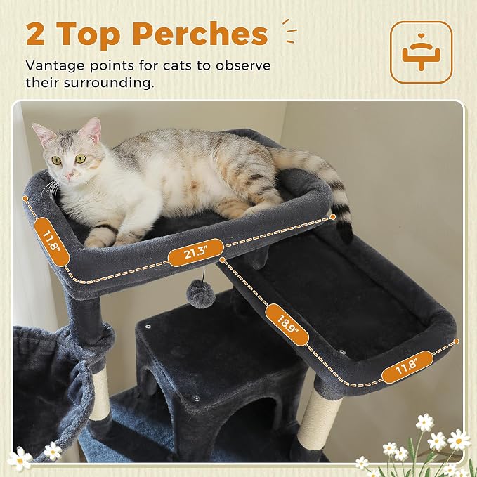 MUTTROS 81 Inch Tall Cat Tree for Big Cats & Multi-Cat Homes, Large Heavy Duty Cat Tower with Metal Frame Hammock, 6 Scratching Posts, 2 Condos, 2 Perches, Scratching Pad - Dark Grey