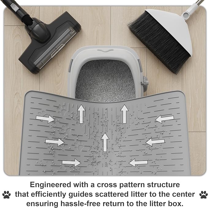 OHMO Cat Litter Mat, 23.5x16 Silicone Trapping Mat Grey | for Kitty Litter Box, Easy Clean, BPA Free Rubber, Center Litter Collection, Easy Pour-Back, Waterproof, Odor-Resistant