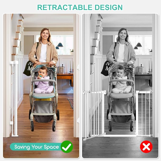 71 Inch Retractable Baby Gates Extra Wide, 41 Inch Reinforced Extra Tall Gate Mesh Safety Gate for Kids Pets, Retractable Dog Gate Baby Retractable Gate for Stair Hallway Doorway Indoor Outdoor, White