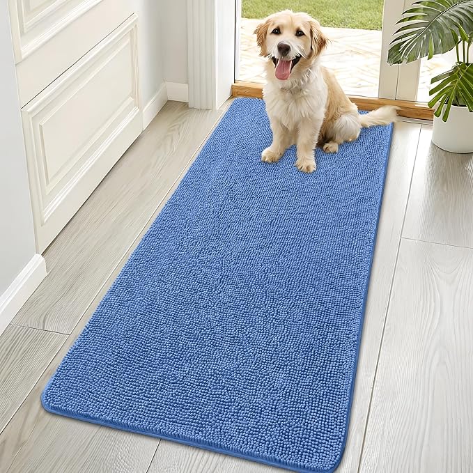 OLANLY Dog Door Mat for Muddy Paws 70x35, Super Absorbent Chenille Mud Mat | Cornflower Blue, Absorbs Moisture and Dirt, Non-Slip Machine Washable Doormat, Quick-Drying Indoor Entryway Carpet for Dogs