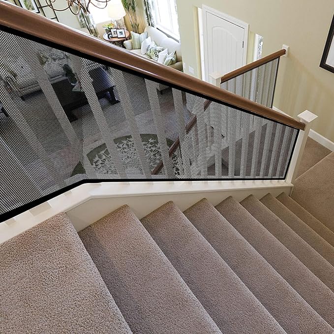Baby Gate for Stairs, Banister Guard for Kids, Pets, Toys, 10ft L x 2.6 ft H, Mesh Netting Safety Net for Balcony Rail Stair, Stairway Net Baby Safety Products for Indoor & Outdoor (Black)