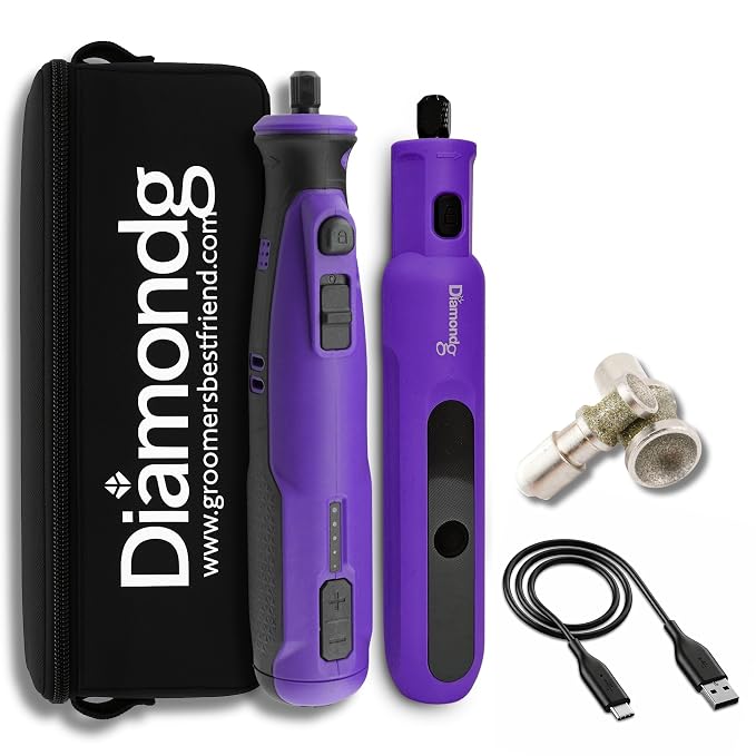 Diamondg Cordless Dog Nail Grinder - Quiet Sound with LED Light, Purple | 5-Speed Rechargeable Pet Nail Trimmer for Small & Large Dogs, USB-C Charging, 4hrs. Runtime, Painless, 2 Bits Included