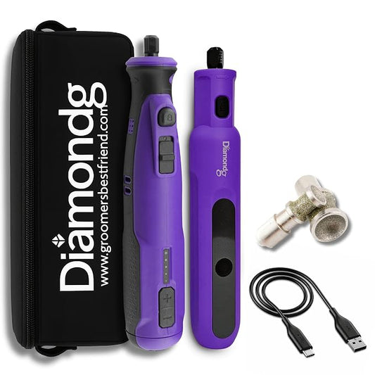 Diamondg Cordless Dog Nail Grinder - Quiet Sound with LED Light, Purple | 5-Speed Rechargeable Pet Nail Trimmer for Small & Large Dogs, USB-C Charging, 4hrs. Runtime, Painless, 2 Bits Included