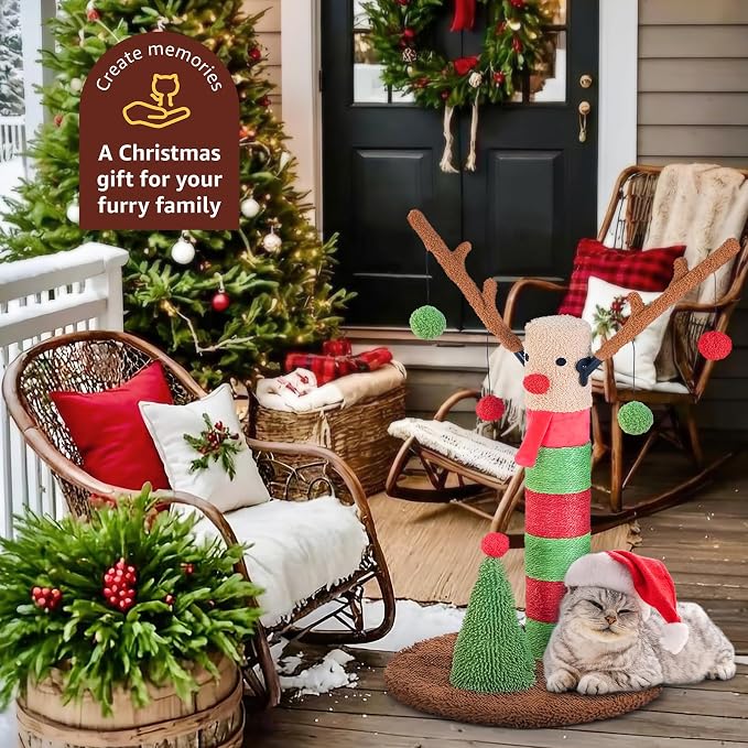 BOLUO Christmas Cat Scratching Post Deer Cat Trees for Adult Cats Scratcher Cute Toy Kitten Kitty Sisal Scratch with Teaser Ball Indoor 25 inch