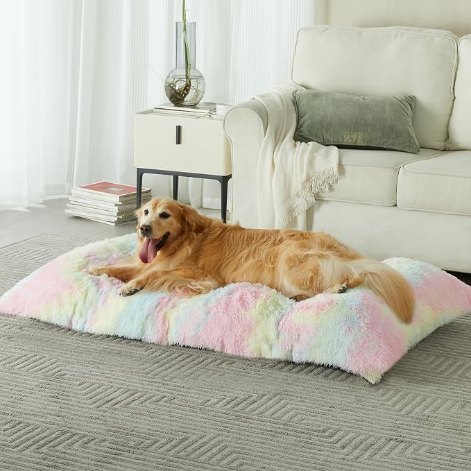 BFPETHOME Dog Beds for Large Dogs, Plush Dog Crate Bed Fluffy Cozy Kennel Pad for Sleeping &Ease Anxiety, Washable Pet Mats with Anti-Slip Bottom for Large Medium Dogs, Pet Bed, Rainbow