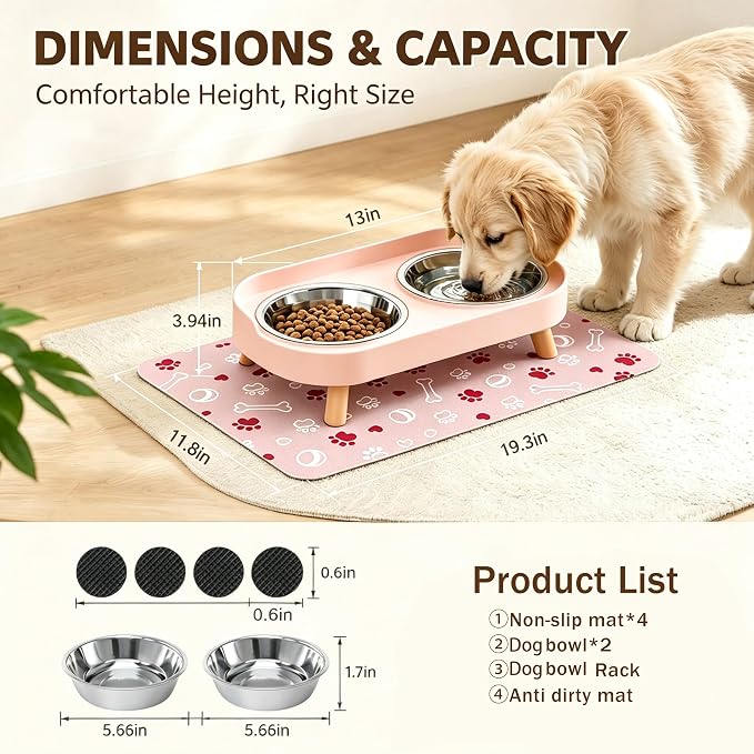 Elevated Dog Bowls with Mat, 2 Stainless Steel for Small Dogs Under 25 Lb | Raised Bowl Stand, Food & Water Set for Cats & Puppies, Splash Proof, Dishwasher Safe, Stain-Resistant Quick-Dry Mat