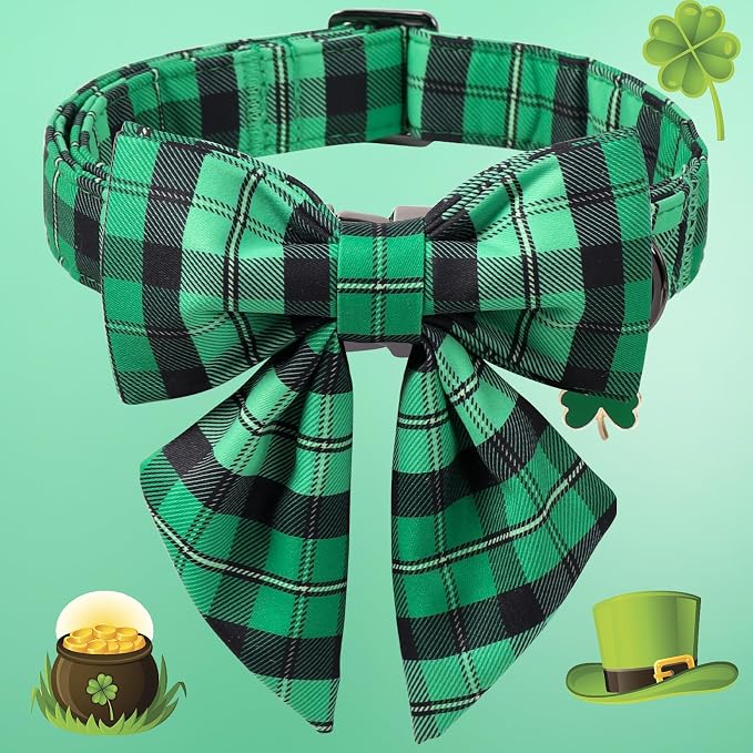 DOGWONG St. Patrick's Day Dog Collar with Sailor Bowtie, Green Plaid Bowtie Dog Collar for Small Medium Large Dogs,XL