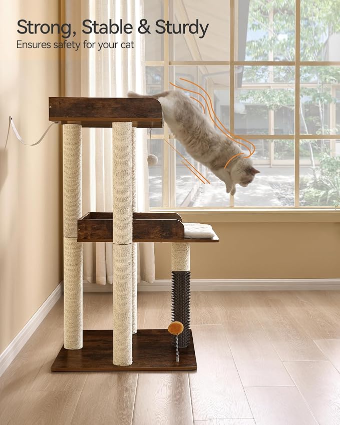 43.7" Cat Tree, Modern Cat Tree Tower, Cat Tower for Indoor Cats Large Adult, Cat Condo with Scratching Post, Large Perch and Removable Pads,Rustic Brown