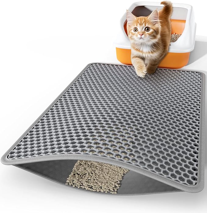 Powools Cat Litter Mat - 30" x 24" Large Litter Box Mat with Double Layers, Urine-Proof and Non-Slip Litter Trapping Mat, Easy to Clean Kitty Litter Mats for Floor, Scatter Control, Grey