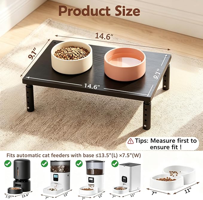 OPNICE Adjustable Cat Food Stand, Elevated Cat Feeder Stand with 4 Height Settings, Automatic Cat Feeder & Tradition Bowls, Raised Pet Feeding Table Station for Cats & Small Dogs, Waterproof Wood