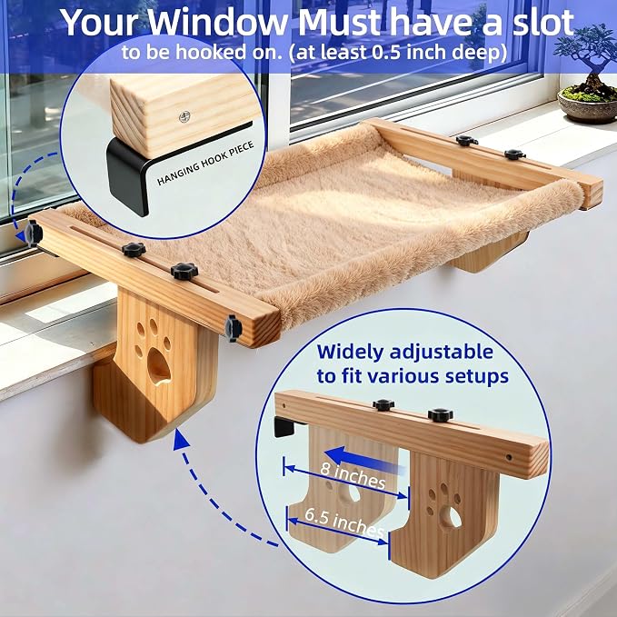 ESPETS Wooden Cat Window Bed for Large Cats, Khaki Cat Window Perch Hammock | Solid Wood Window Large Perch, Sturdy Large Size Shelves, Soft Thick Removable Cushion, Easy Assemble Adjustable, Hold 40LBS