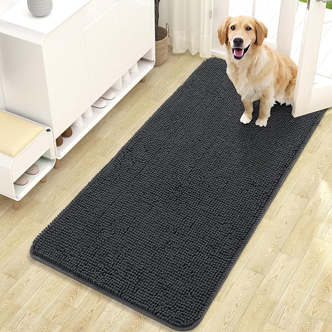 OLANLY Dog Door Mat for Muddy Paws 47x24, Super Absorbent Chenille Mud Mat | Dark Grey, Absorbs Moisture and Dirt, Non-Slip Machine Washable Doormat, Quick-Drying Indoor Entryway Floor Carpet for Dogs