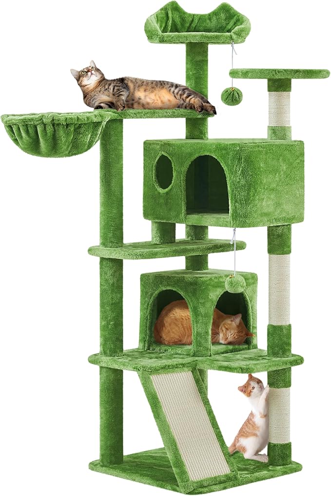 Topeakmart 57in Cat Tree Tower with Scratching Posts for Multiple Cats | Easy to assemble, a great first cat tree with perches, hammock and anti-tip strap, ideal for small to medium cats, green