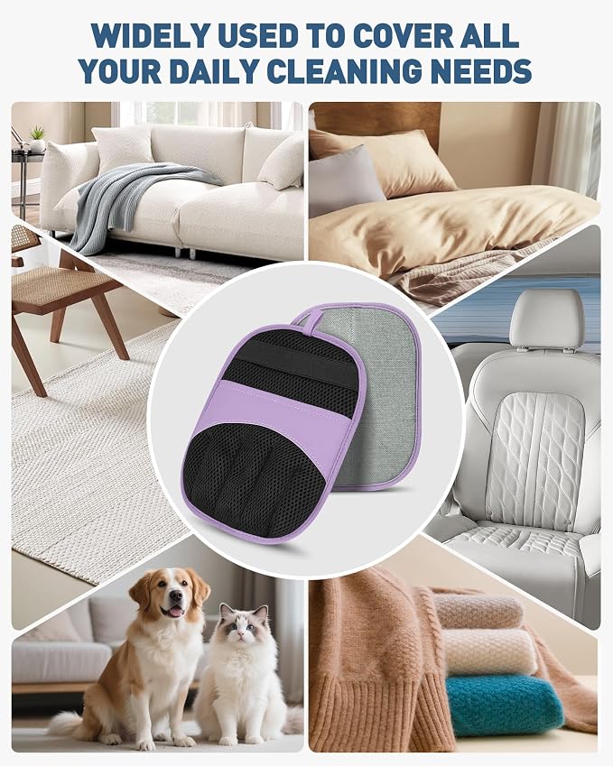 Magic Brush Glove Pet Hair, 2 Pack Removal Tool for Dogs and Cats | Electrostatic Magic Brush, Grooming Needs, Reusable Fur Remover for Furniture, Clothes, Car Seats (Purple)