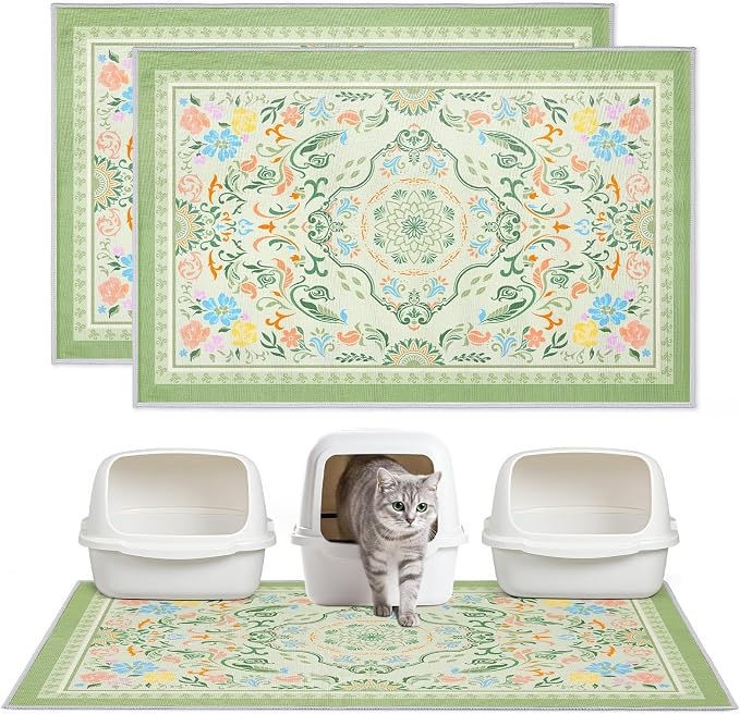 2 Pack Washable Cat Litter Mat 48"x36" Waterproof Trapping Pad | Kitty Litter Box Mat Featuring A Non-Slip Base And Decorative Design To Trap Scatter For Home Floor Protection