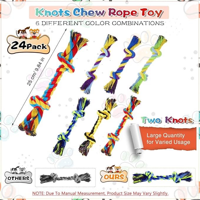 24 Pack Large Dog Rope Toys 10 Inch Chew Toys Bulk Natural Cotton Dog 2 Knot Dog Toy 2 Knots Chew Rope Toy Teething Rope Toys for Aggressive Chewers and Medium Dogs