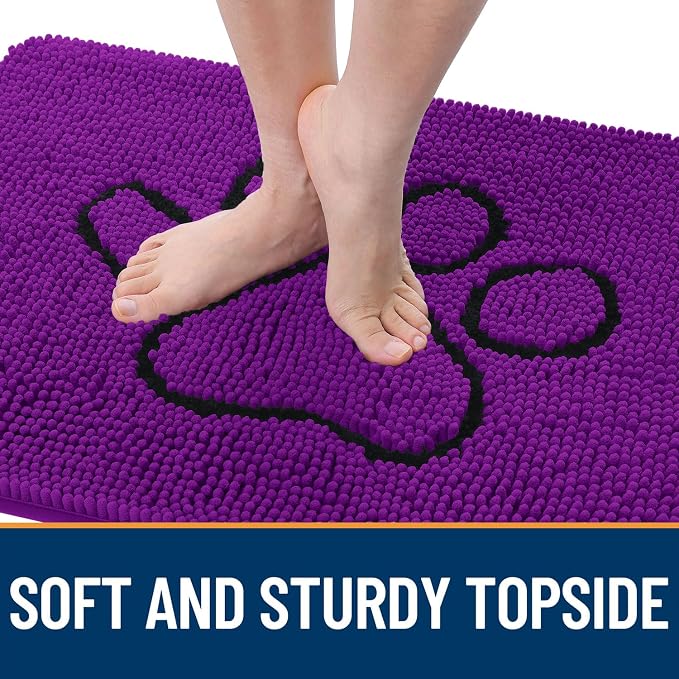 OLANLY Dog Door Mat for Muddy Paws 36x24, Paw Print Design Chenille Mud Mat | Purple, Absorbent, Traps Moisture and Dirt, Non-Slip Washable Doormat, Quick-Drying Indoor Entryway Floor Carpet for Dogs