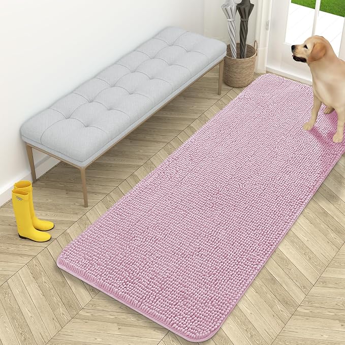 OLANLY Dog Door Mat for Muddy Paws 59x24, Super Absorbent Chenille Mud Mat | Dusty Rose, Absorbs Moisture and Dirt, Non-Slip Machine Washable Doormat, Quick-Drying Indoor Entryway Floor Carpet for Dogs