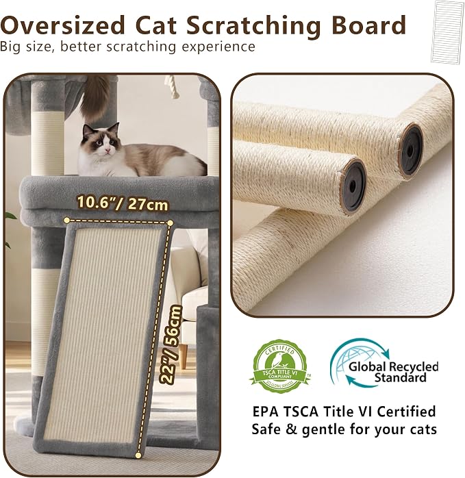 Heybly Cat Tree 72.4-Inch Anti-Tip Cat Tower with Spacious Perches HCT060W | All-in-One Cat Furniture for Large Cats, Multiple Interactive Areas, Extra-Large Sisal Scratching Board, Light Gray