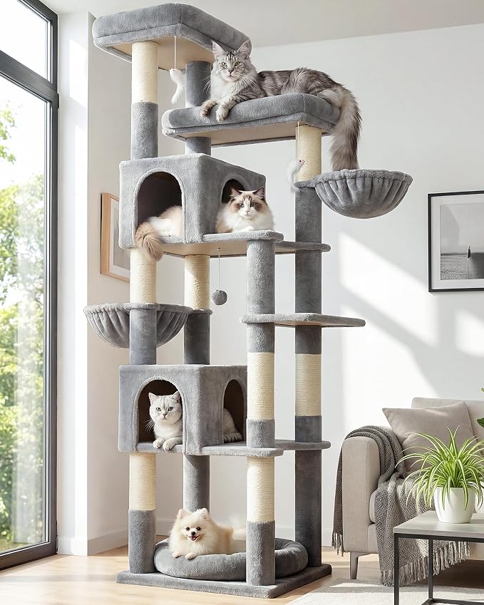 Globlazer Sturdy Extra Large Cat Tower for Indoor Cats, S81C, Light Grey | 81 inch Heavy Duty Cat Tree for Indoor Large Adult with 8 Scratching Post, 2 Cat Condos, 2 Platform