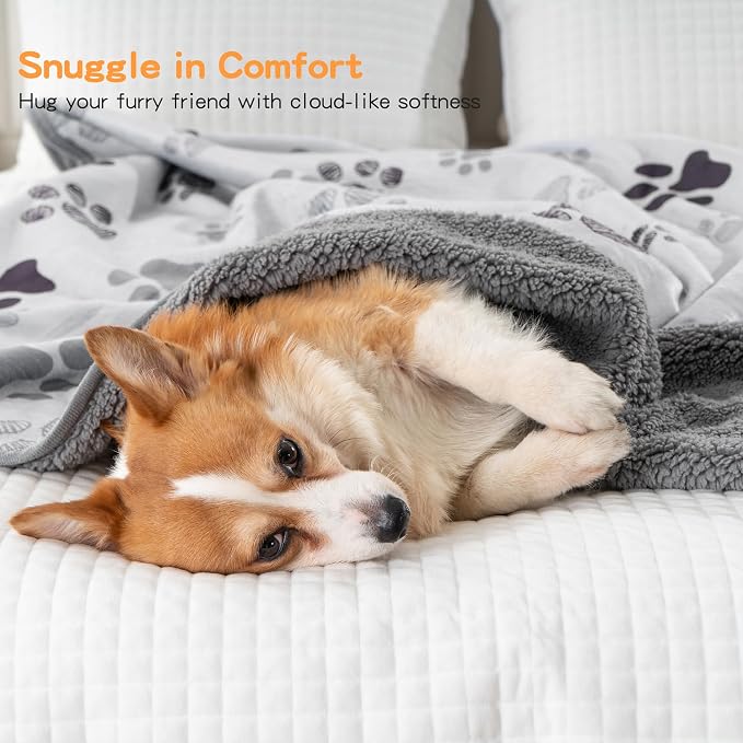 Waterproof Dog Blankets Pet Blanket 60"x80", Soft Fluffy Sofa Car Bed Protector, Reversible Sherpa Fleece Dog Blanket for Large Dogs(Light Grey-Paws)