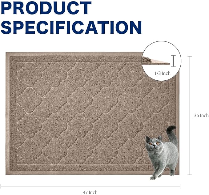 Cat Litter Box Mat, Kitty Premium PVC Pad, Durable Trapping Rug, Phthalate Free, Urine-Resistant, Scatter Control, XXL 47 x 36 Inch, Champagne