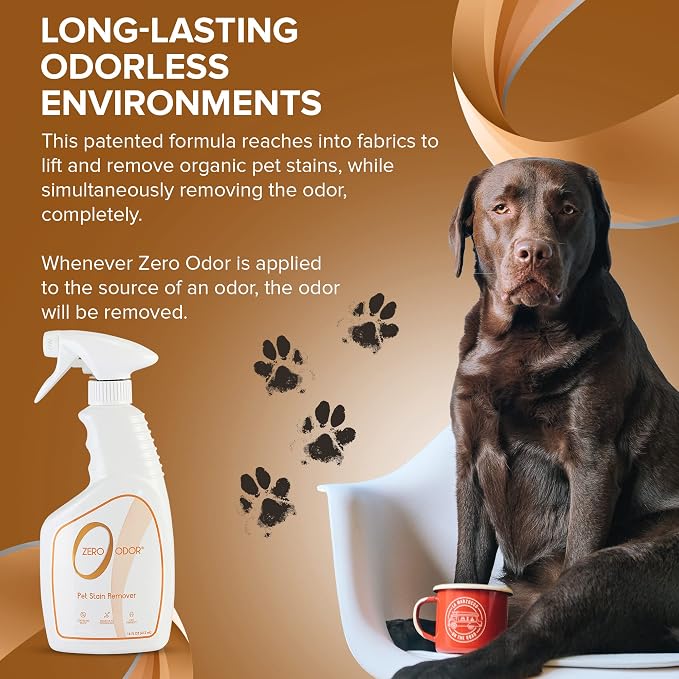Zero Odor Pet Stain Remover & Odor Eliminator Spray for Carpet, 16 oz | For Dog and Cat Urine, Vomit and Feces on Carpet, Upholstery, Mattress, Pet Beds and Hard Floors, 400+ Sprays