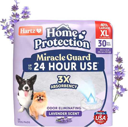 Hartz Miracle Guard Dog and Puppy Dog Pads Max Absorbency 24 Hour Use Odor Eliminating Lavender Scented No Leaks, X-Large Size 30 Count