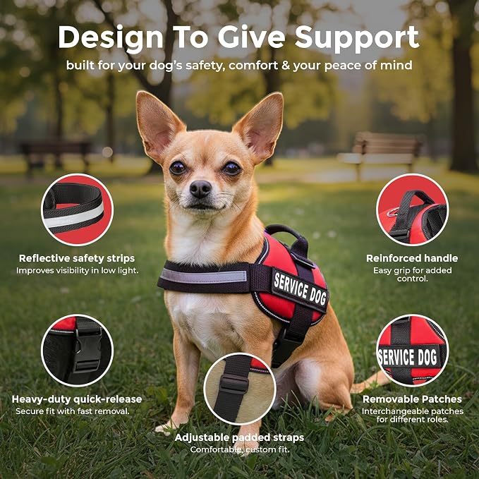 Industrial Puppy Service Dog Vest Harness - Durable & Adjustable Vest for Dog with Reflective Straps, Removable Patches, 50 ADA Cards, Handle & D-Ring, Travel and Daily Use,Bright Red, XS 16.5"-21.5"