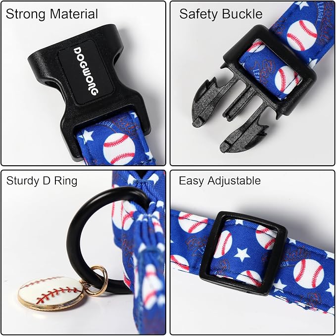 DOGWONG Baseball Dog Collar, Spring Summer Boy Dog Collar,Blue Patriotic Blue Baseball Boy Dogs Collars for Small Medium Dogs, Neck 11-16 inches