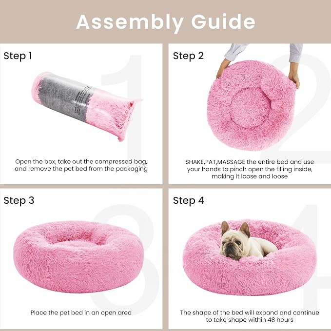 Love's cabin Calming Cat Bed for Indoor Cats, Anti-Anxiety Donut Round Dog Bed, Fluffy Faux Fur Washable Pet Bed for Small Medium Dogs and Cats, Pink, 24in