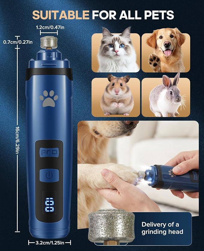 Pet Nail Grinder for Dogs & Cats, 6700 RPM Electric Dog Nail File with 1500mAh Battery & 4H Runtime, with Dual LED Lights, 2-Speed Rechargeable Pet Grooming Kit, Type-C Charging