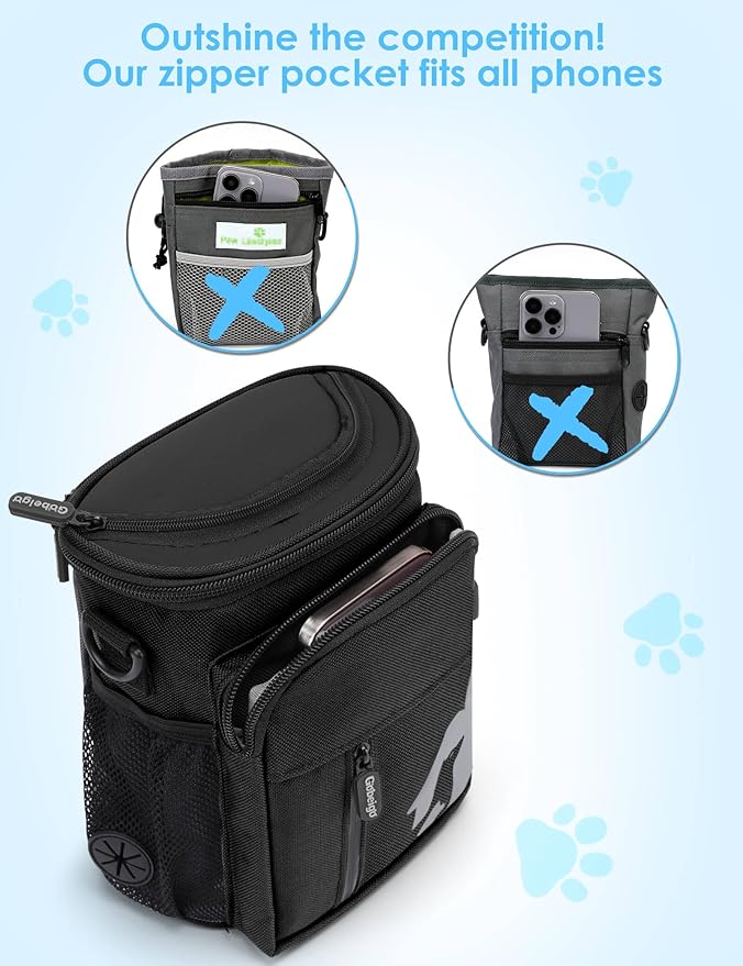 8 Cup Dog Treat Pouch with Training Clicker(Full Black) | 3 Ways to Wear/ Built-in Poop Bag Dispenser/ Zipper Front Pocket Phone Friendly Treat Bag for Pet Training & Walking