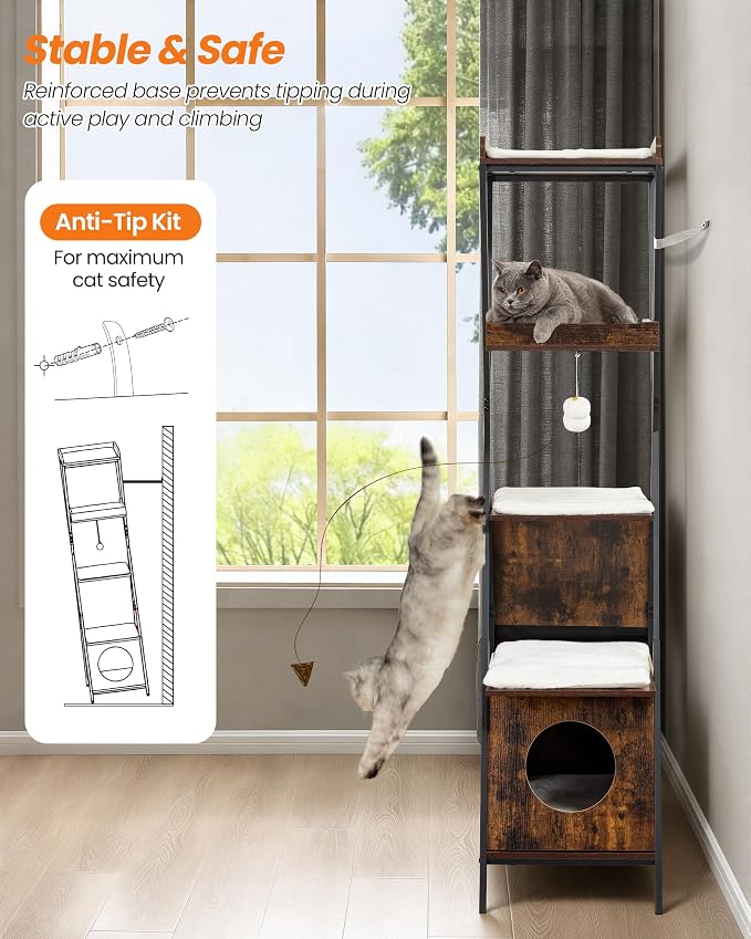 Modern Wood Cat Tree Tower for Indoor Cats Large Adult 67-in Tall | Heavy Duty XL Stable Wooden Cat Condo House Furniture with Multi-Level Spacious Perch Scratching Board Soft Washable Pads