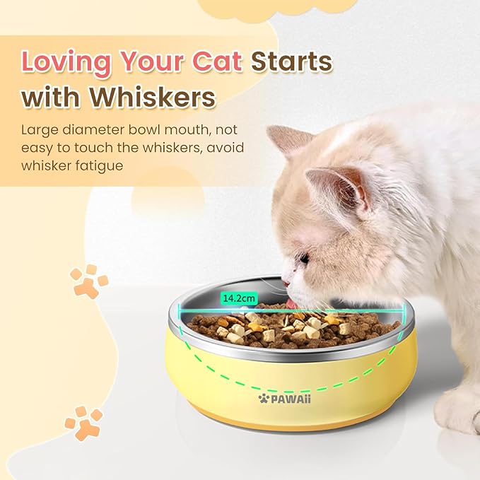 Pawaii Small Dog Bowls, 12 oz. Food Water Bowl Designed for Puppies and Cats with Non-Slip Rubber Base, Upgraded Metal Insulated, Double Stainless Steel Bowls, Cheese Yellow | Double-Wall Design,Smooth Open Bowl Design,Easy-Rinse Interior,Wide Bowl Ope...