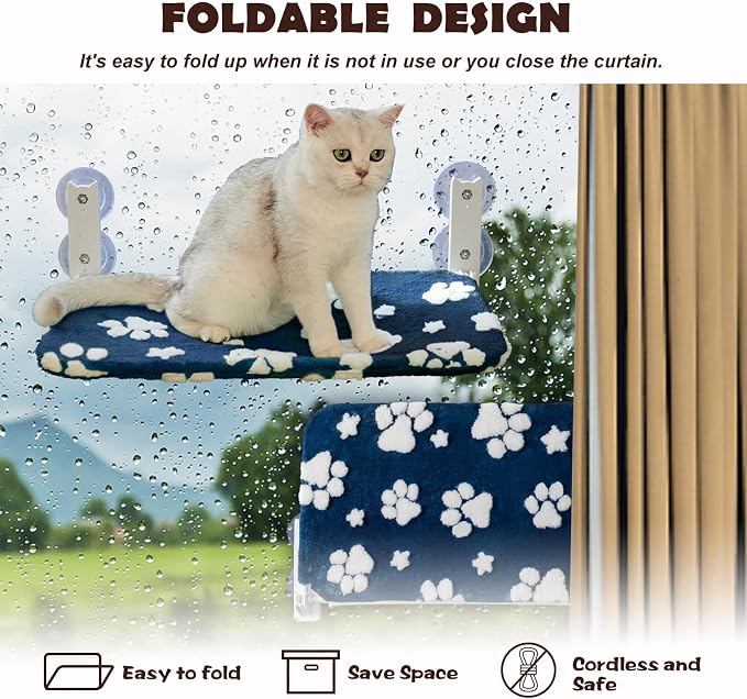 Cute Cat Window Perch, Foldable Cat Window Hammock, Navy Blue | Cordless Window Seat Bed for Indoor Cats, 3D Textured Paw Cover, Strong Suction Cups
