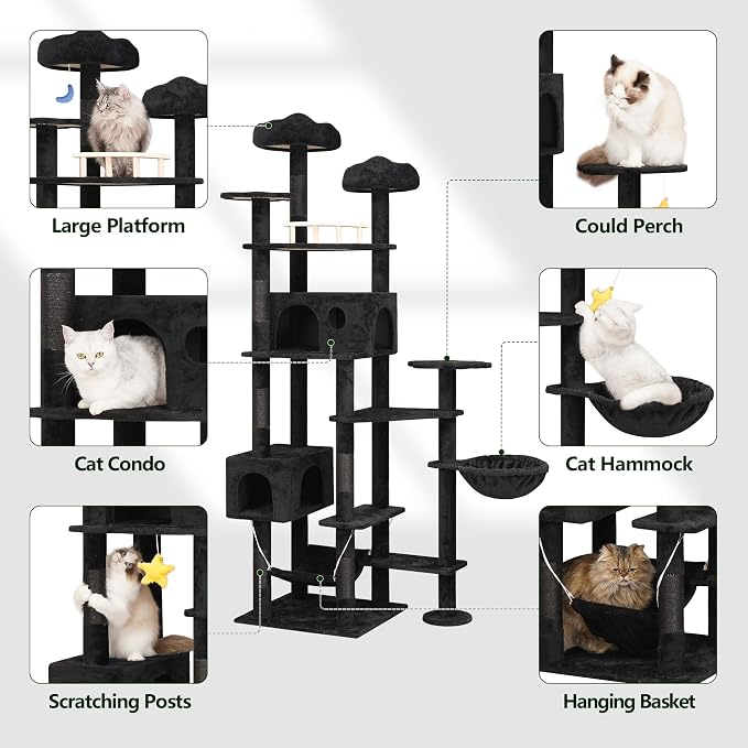 Meecal Black Cat Tree,79in Tall Tower for Multiple Indoor Cats Large Adult | Giant Cat Tree, Multi-Level Heavy Duty Cat Tower with Scratching Post, 2 Cat Condos, Hammocks, Perches, Hanging Toys