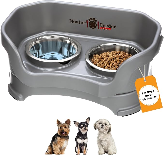 Neater Pet Brands Neater Feeder Deluxe Mess Proof Dog Bowls Elevated for Small Dogs Under 19 lbs, Made in USA, No Spill Raised Dog Food Bowl Stand Feeding Station, Food and Water Bowl Set, Gunmetal