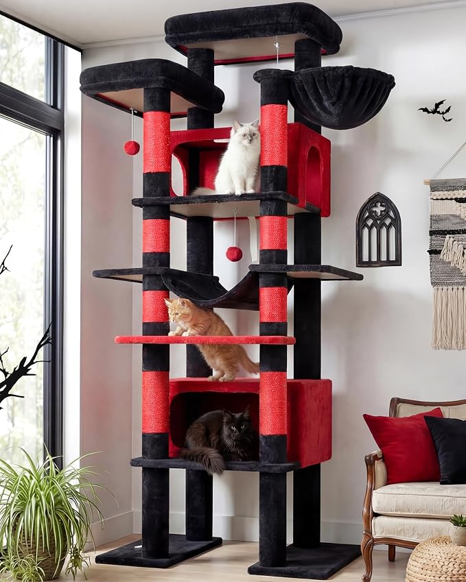 Globlazer Gothic Giant Tall Heavy Duty Cat Tower for Indoor Large Cat, F83B | XXL Multi-Level Large Cat Condo with 8 Scratching Posts, Hammock, 2 Cat Caves, 2 Platform, Black Red