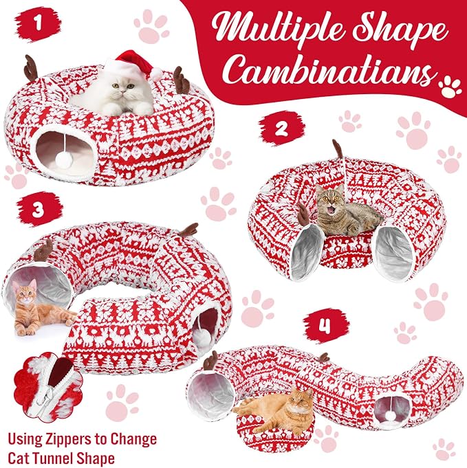 Dansydaisy Cat Tunnel Christmas Tree Skirt, Snowflake Deer Cat Tunnel Bed with Toys, Hanging Ball Plush Washable Cushion and Dangling Balls 3FT Peekaboo Playground for Small Medium Rabbit Xmas Decor