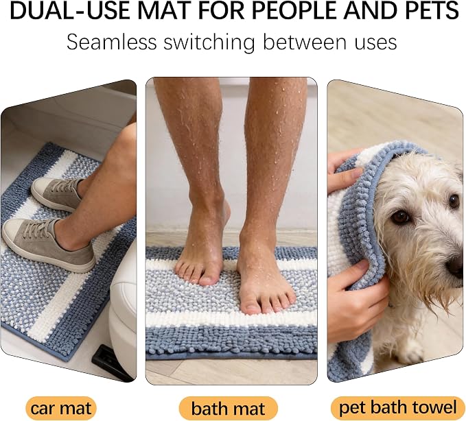 Dog Door Mat for Muddy Paws - Absorbent Quick-Dry Non-Slip Washable Chenille Pet Rug, Indoor Entryway Mat for Front Door & Crate (Blue White, 30" L*18" W)