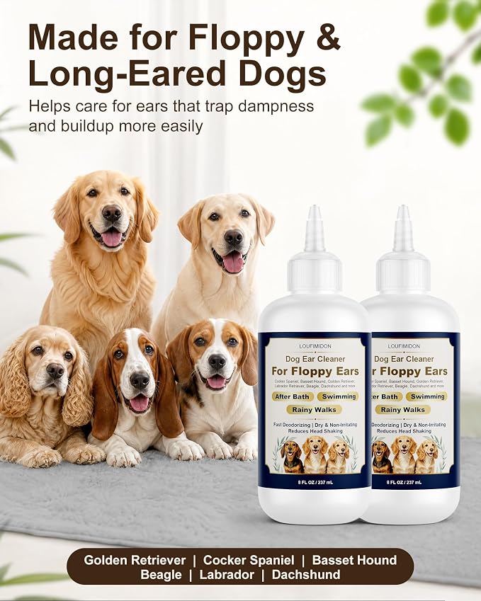 Dog Ear Cleaner Solution with Finger Wipes 8 oz Each 2 Bottles | Dog Ear Wipes For Floppy Ears, Fast Deodorizing Dog Ear Wash After Bath & Swimming Rainy Walk, Unscented Dog Wipes