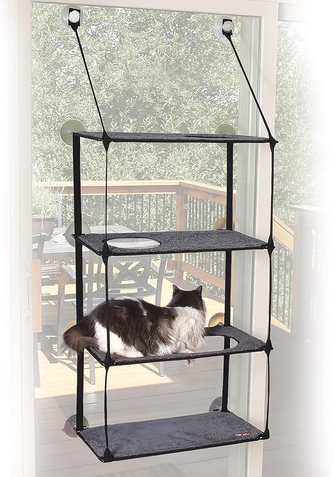 K&H Cat Window Perch, EZ Mount Quad Stack for Large Cats, 23x12in | Sturdy Cat Window Hammock Bed, Steel Frame, Suction Cups, 4 Washable Shelf Covers, Foldable, Fits 27in W X 59in H Glass