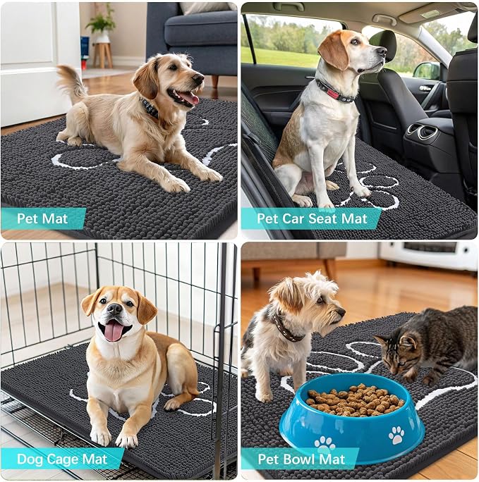 OLANLY Dog Door Mat for Muddy Paws 36x24, Paw Print Design Chenille Mud Mat | Dark Grey, Absorbent, Traps Moisture and Dirt, Non-Slip Washable Doormat, Quick-Drying Indoor Entryway Floor Carpet for Dogs