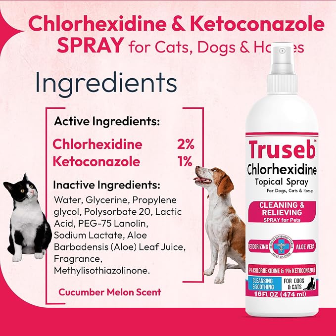 Truseb Medicated Topical Ketoconazole and Chlorhexidine Spray for Dogs, Cats, and Horses with Essential Fatty Acids, Ketoconazole Spray Aloe and Vitamin E (Ketoconazole & Chlorhexidine Spray, 16 oz)