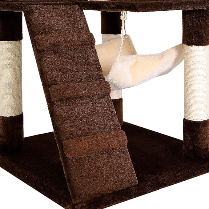 lionto Scratching Tree for Cats with Hammock & Tunnel, Height 52,4 in, cat Tree with sisal Rope & Soft Plush, Cozy Lying Areas & Caves, Suitable for Small & Large Cats, Beige/Brown