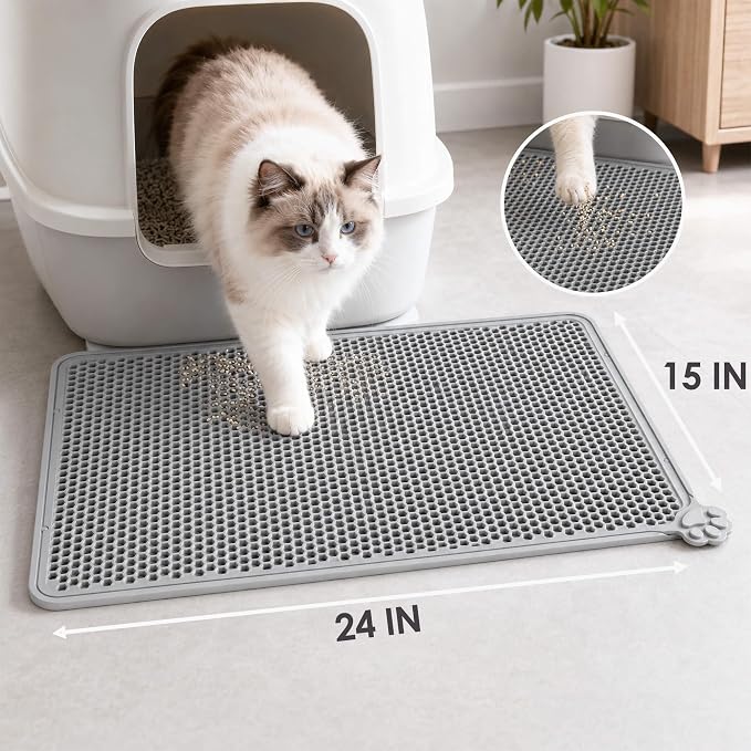 Silicone Cat Litter Mat 24x15" Double Layer Honeycomb Non-Slip | Food-Grade, Machine Washable, Anti-Crease, Claw-Proof, Raised Edges, 24 x 15‘’ Fits Standard Box, Soft on Paws