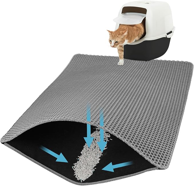 Cat Litter Mat, Double Layer Honeycomb, 30"x24", Gray | XL Litter Box Mat, reduces Litter Tracking, waterproof non-slip, easy-clean, soft on paws, scratch resistant, BPA-free EVA